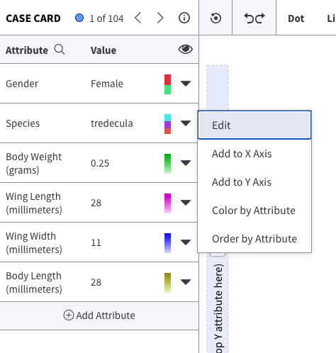 Screenshot of the Tuva case card panel showing an attribute dropdown menu with keyboard actions available