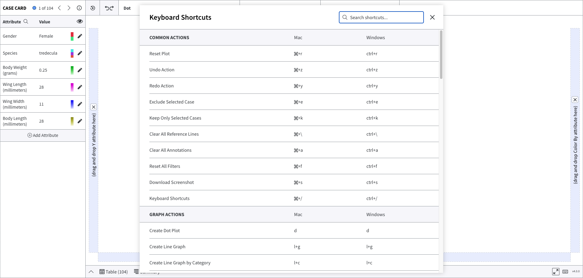 Screenshot of the keyboard shortcuts pop-up dialog showing the full list of available shortcuts