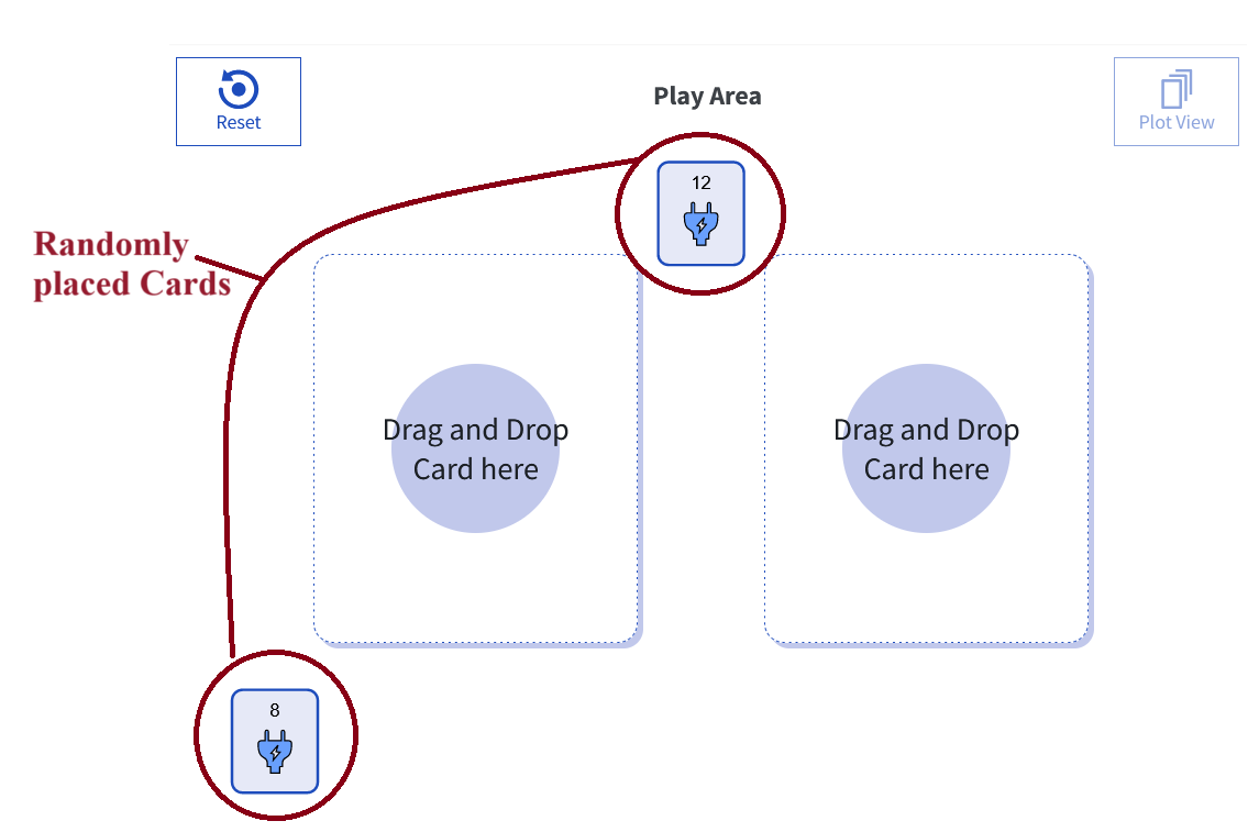 Screenshot of Tuva Jr. Play View with cards placed randomly in the play area to show that their positions can be saved and restored