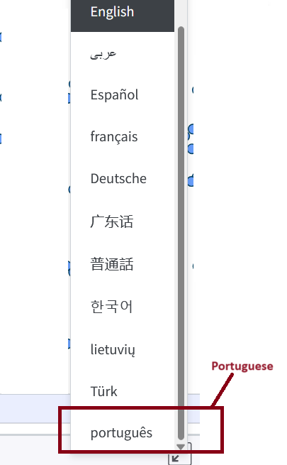 Screenshot of the language menu showing Portuguese added to the list of supported languages