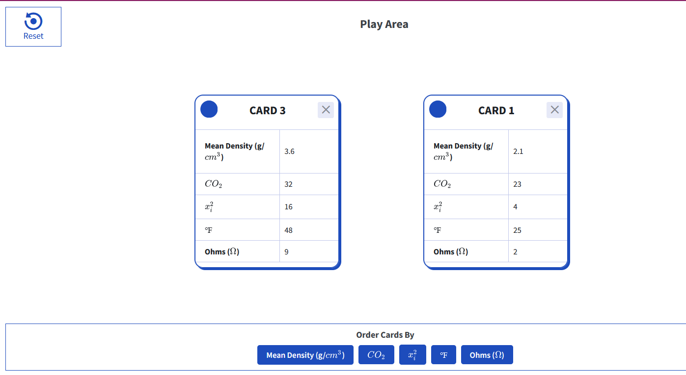 Screenshot of Tuva Jr. Play View with mathematical notation rendered correctly on Big Cards, including subscripts, superscripts, and units