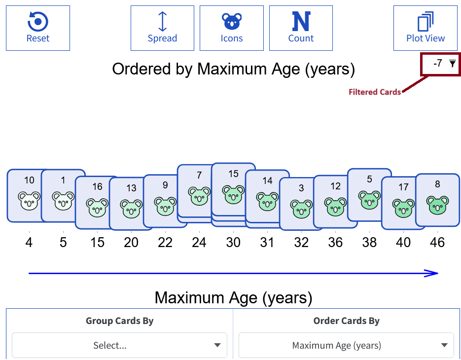 Screenshot of Tuva Jr. Play View with filtered cards displayed in the top-right corner next to the filter icon