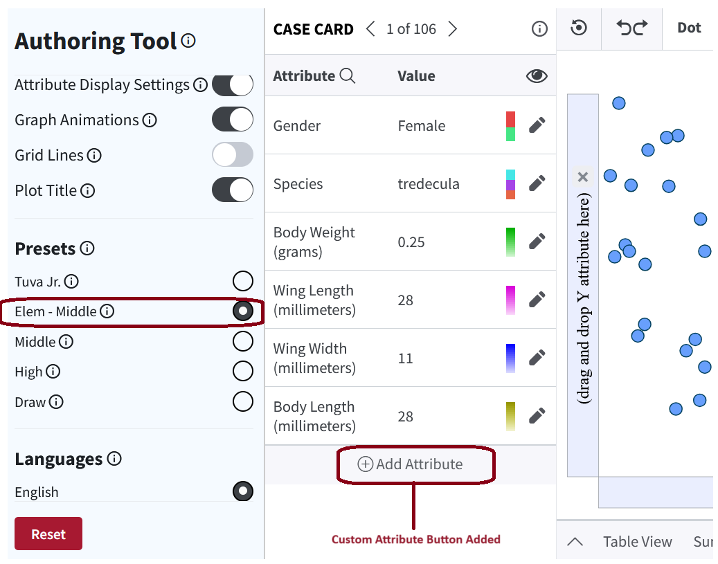 Screenshot of the Authoring Tool with the Elem - Middle preset selected and the Add Attribute button enabled on the Case Card