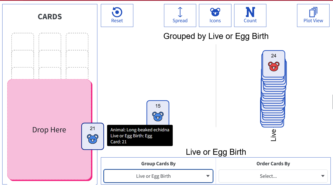Screenshot of Tuva Jr. Play View with grouped cards and a highlighted card ready to open in Big Card View