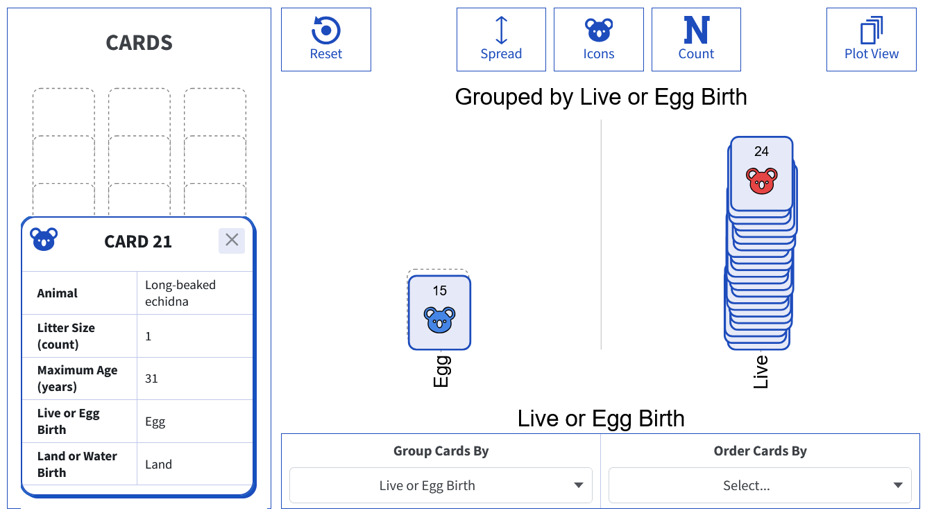 Screenshot of Tuva Jr. Play View with the selected card opened as a Big Card showing all case attributes