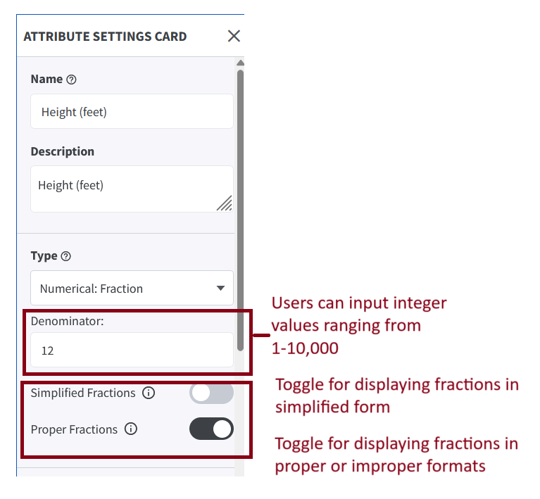 Screenshot of the redesigned Attribute Settings Card showing fraction controls, denominator input, and toggles for simplified and proper fractions