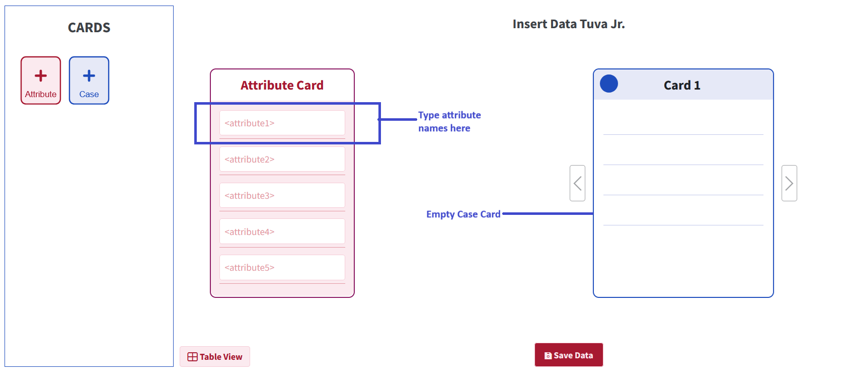 Screenshot of Insert Data Tuva Jr. showing an Attribute Card for entering attribute names and an empty Case Card