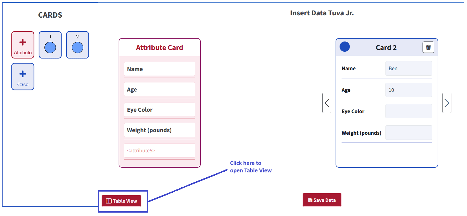 Screenshot of Insert Data Tuva Jr. with the Table View button highlighted to continue data entry in a table