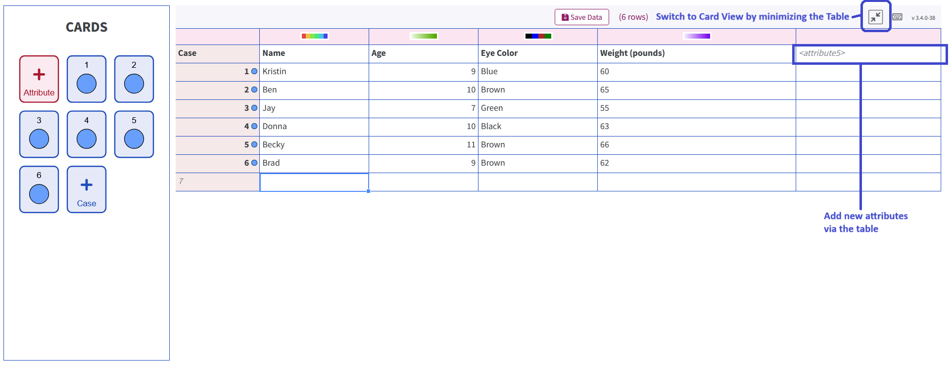 Screenshot of the Tuva Jr. table view with entered rows of data and a placeholder column for adding a new attribute