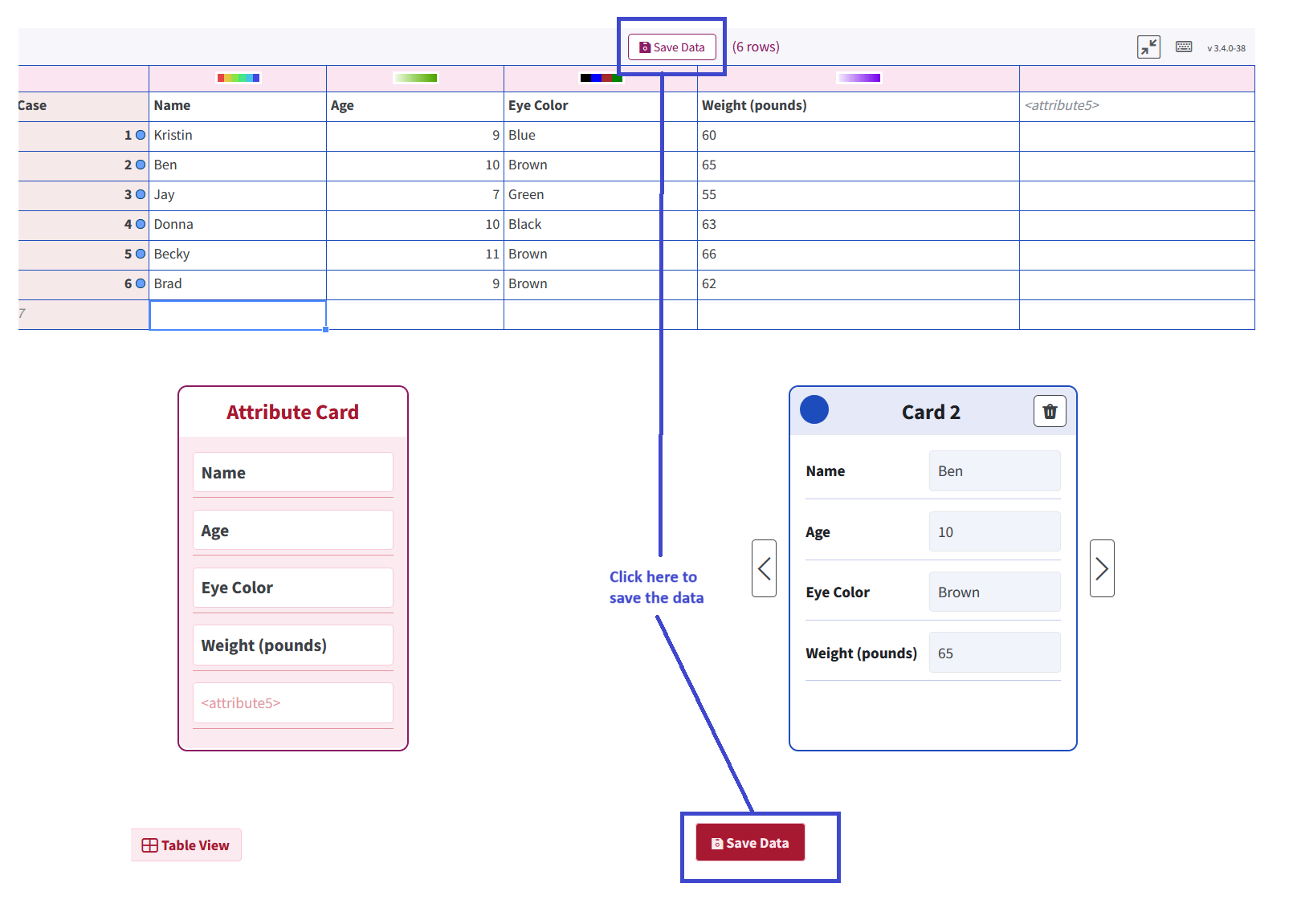 Screenshot of Insert Data Tuva Jr. with the Save Data button highlighted in both card and table views