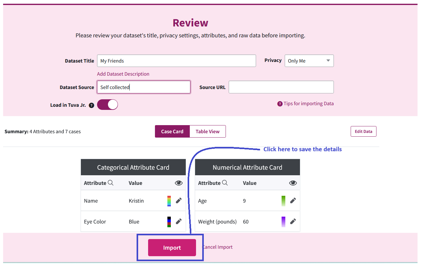 Screenshot of the review page for a Tuva Jr. dataset with fields for title, privacy, description, and an Import button