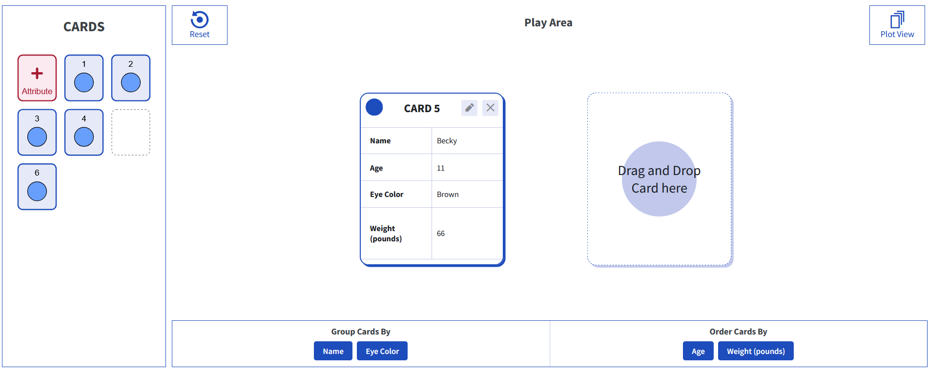 Screenshot of Play View after importing data, showing inserted case cards and controls for grouping and ordering cards