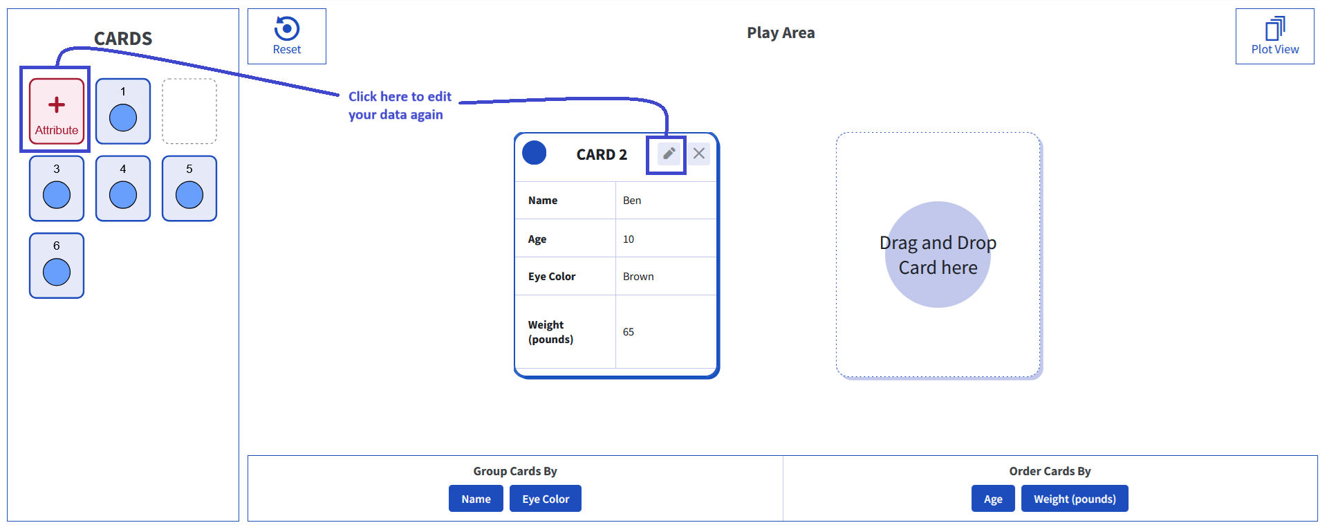 Screenshot of Play View with edit controls highlighted for returning to data editing from the case card or attribute card