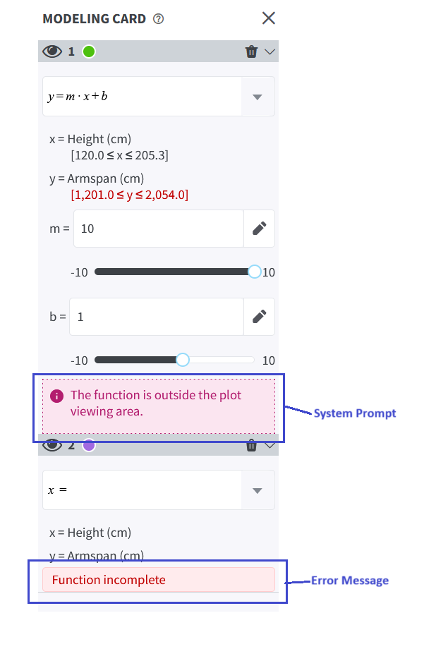 Screenshot of the Modeling Card showing visually distinct system prompts and error messages