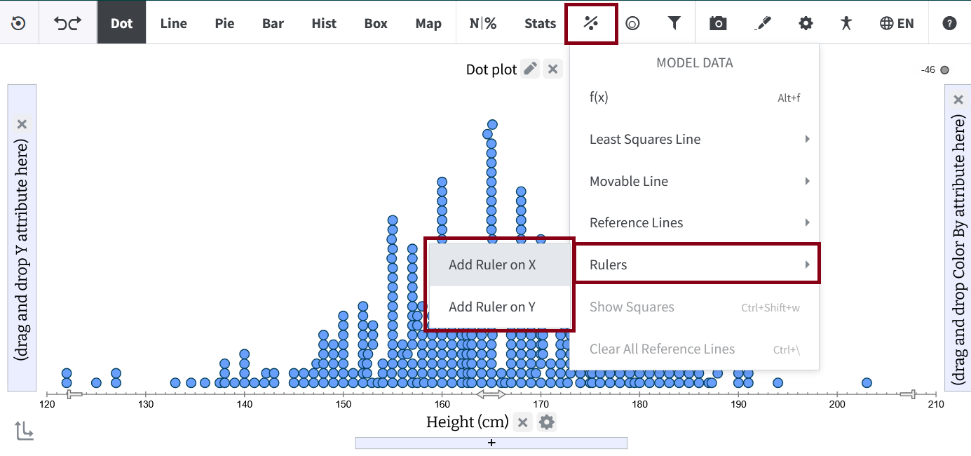 Screenshot of the Model Data menu with the Rulers submenu open and options to add a ruler on the X or Y axis