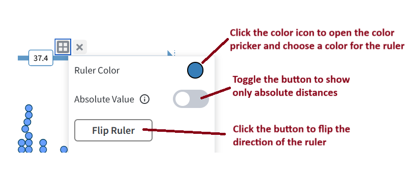 Screenshot of the ruler context menu showing controls for ruler color, absolute value display, and flipping the ruler direction