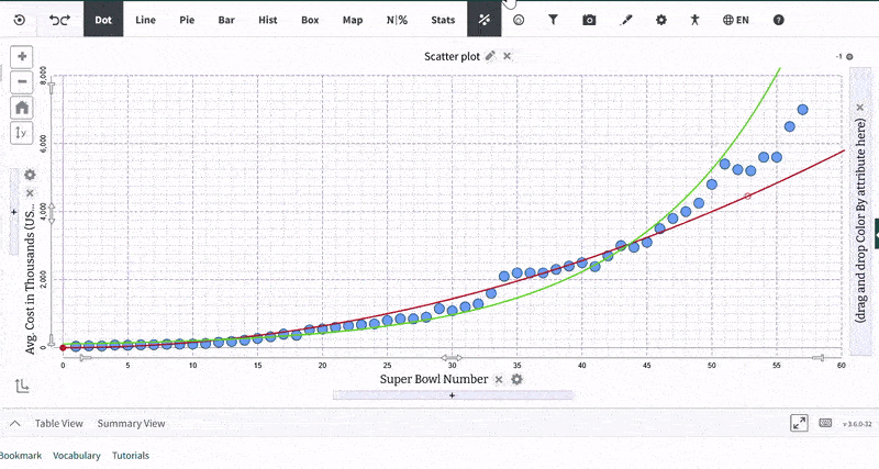 Animated demo showing squared residuals switching to the currently selected nonlinear curve when two model functions are displayed
