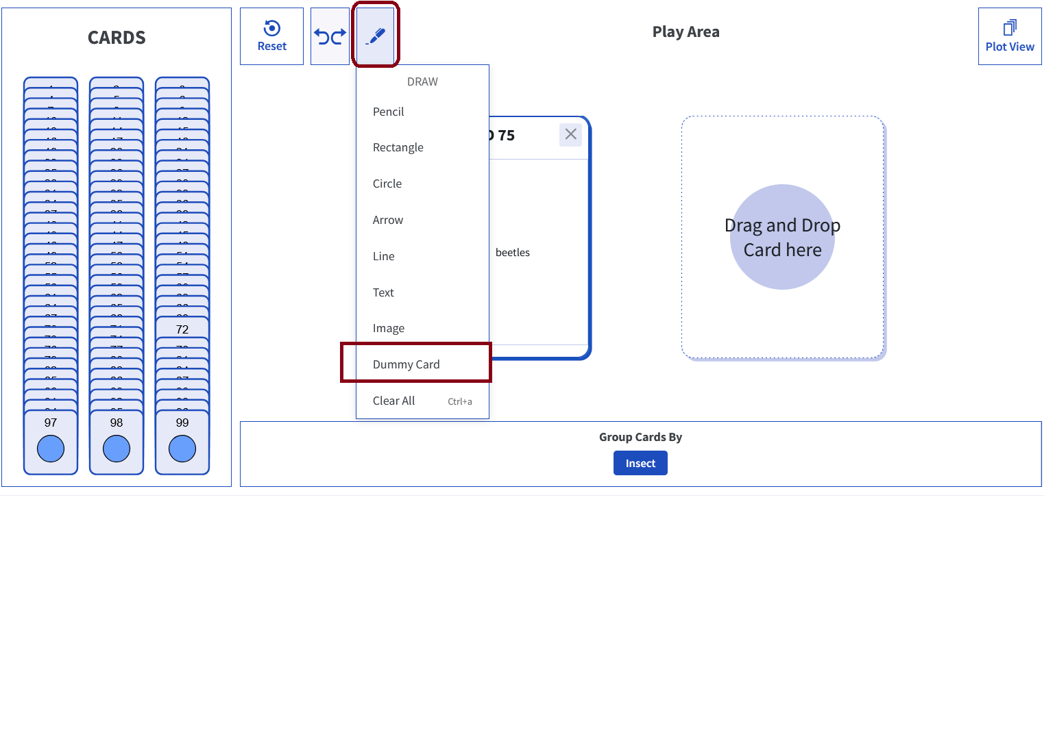 Screenshot of the Play View authoring toolbar with the Draw menu open and the Dummy Card option highlighted