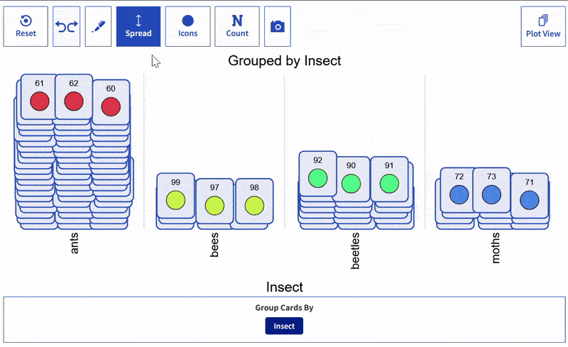 Animated demo of Play View with cards grouped by insect to support prediction, comparison, and reflection activities