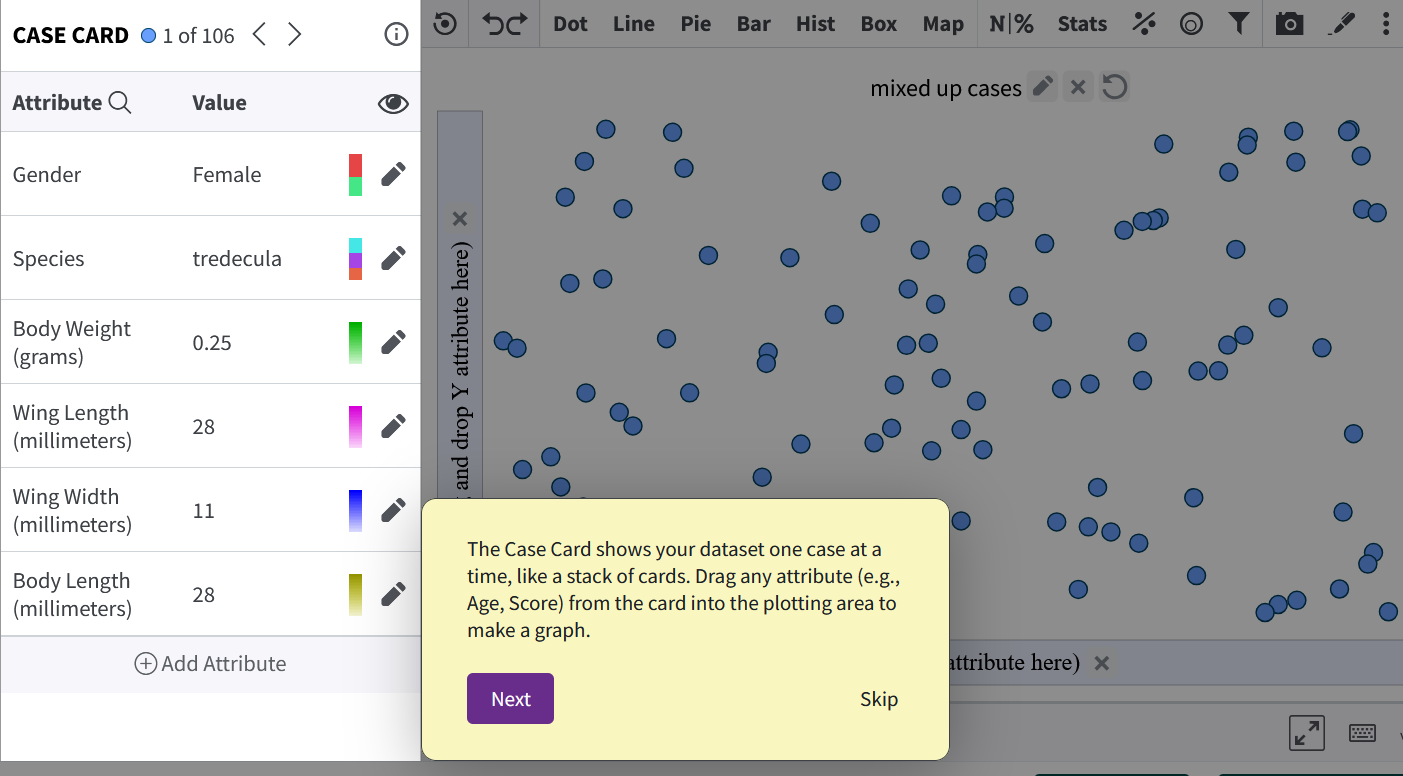 Screenshot of the Tuva Tools guided tour highlighting the Case Card and explaining how to drag attributes into the plotting area