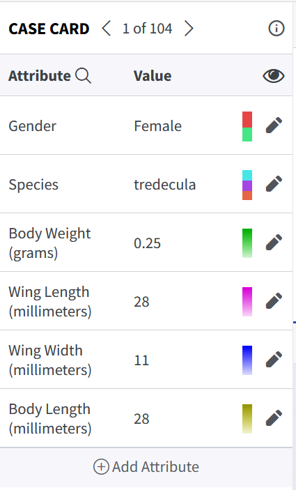 Before screenshot of the Case Card with attribute rows, color swatches, and edit controls