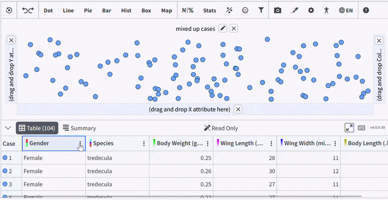 Animated demo showing an attribute being dragged from the table header into the graphing area